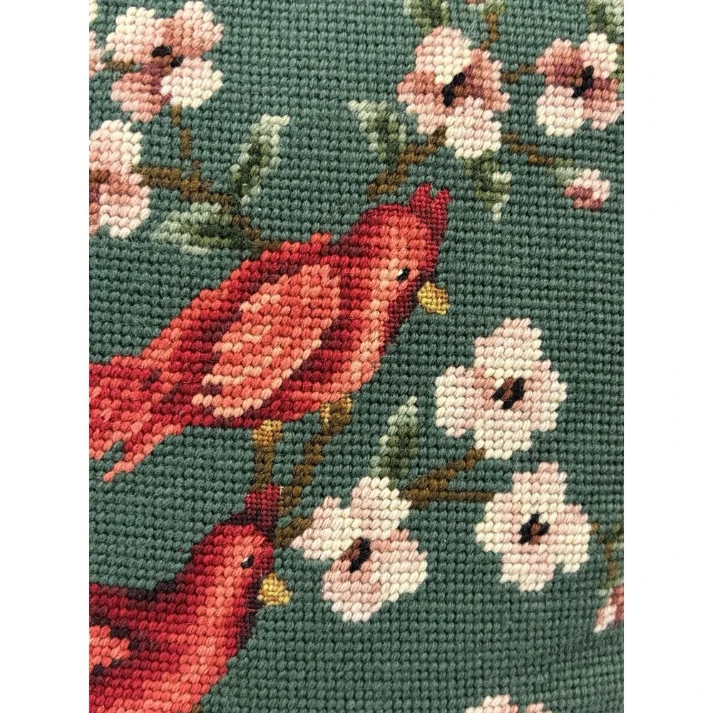 Vtg Needlepoint Cardinal Birds Pillow Green Rectangle Floral Velvet Backed 18x13